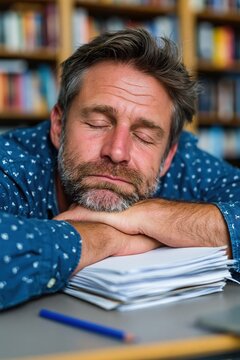 Copy editor sleeping on stack of blank paper at desk in office