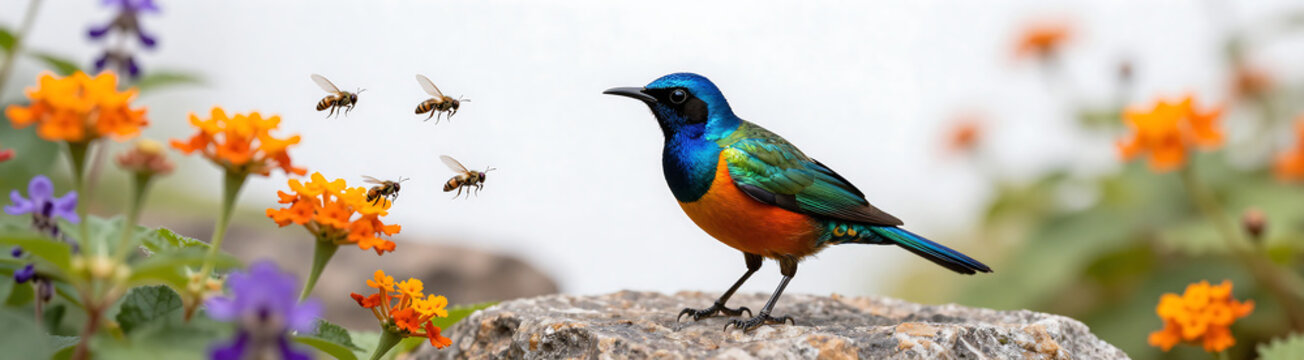 colorful bird perched flat rock amidst lush garden setting iridescent feathers reflecting sunlight gazes intently group