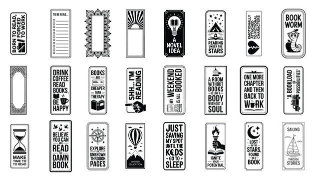 An extensive display of forty-five unique black and white graphic bookmarks offering a variety of witty quotes and illustrations centered around the theme of reading and books.