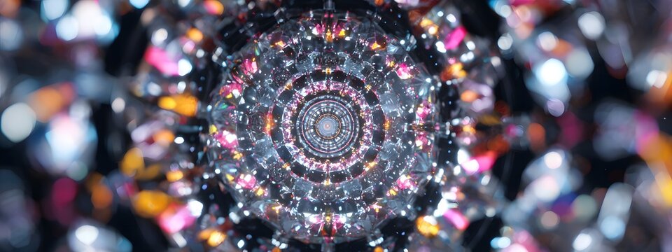 Abstract Representations of Cryptocurrency Network Visualized Kaleidoscope of Different Colored Shapes Change Merge Expand Shrink Around Orbital Center Core Dazzling Patterns Color Changes Throughout