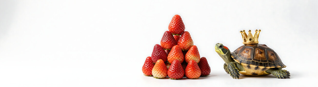 colorful strawberry pyramid stacked high beside smiling turtle wearing sparkling gold crown head soft diffused studio