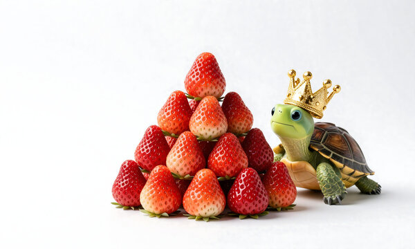 colorful strawberry pyramid stacked high beside smiling turtle wearing sparkling gold crown head soft diffused studio