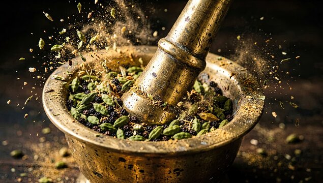 Antique brass mortar and pestle crushing whole green cardamom pods black peppercorns and dry spices.