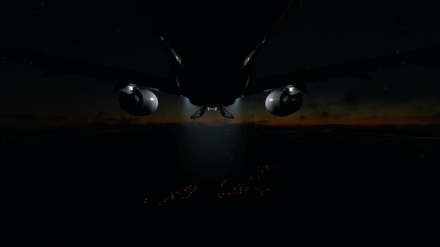 An aircraft preparing for landing at night, its silhouette visible against the dark sky with illuminated city lights below