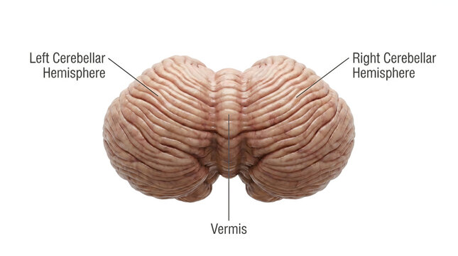 Anatomical superior depiction of the human cerebellum, highlighting the distinct left and right hemispheres along with the central vermis, vital for motor coordination and balance