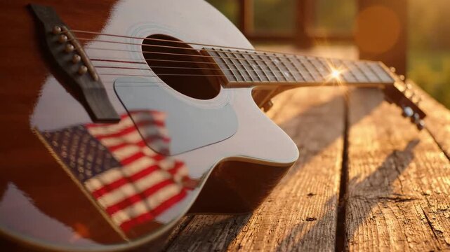 Acoustic guitar with American flag reflection on wooden surface, perfect for patriotic 4th of July celebrations and country music themes