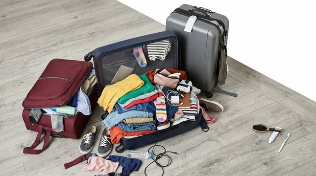 Overstuffed travel suitcase filled with excessive clothes and personal items. Concept of overconsumption and chaotic packing for trip. Messy luggage with belongings scattered on floor.