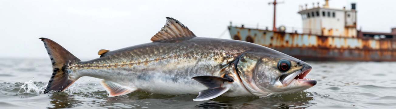 large predatory fish pointed dorsal anal fins breaks murky ocean waters menacing jaws exposed beneath rusted old