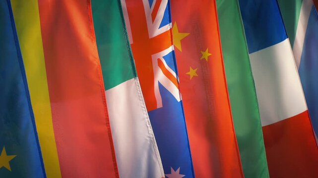 Mixed World Flags In Row Moving Shot
