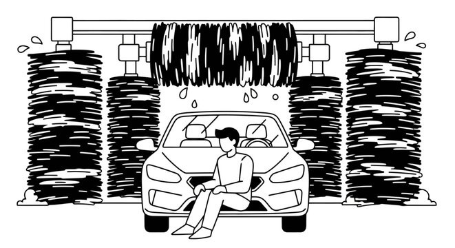 Man sitting in a car wash.