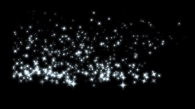 White glowing glitter particle trail with magic sparkles and twinkle stars, fairy dust shimmer line, Glowing star sparkle, doodle cartoon twinkling stars with glitter burst effect on black screen.4k