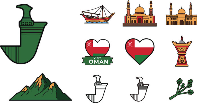 Set of Oman Vector Icons Featuring Khanjar Daggers, Dhow, Mosques, Mountains, Frankincense, Heart with Omani Flag, and Visit Oman Banner Illustrations
