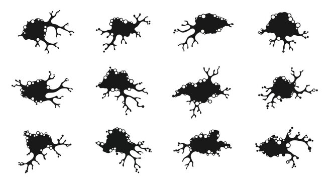 Collection of abstract black neuron shapes.
