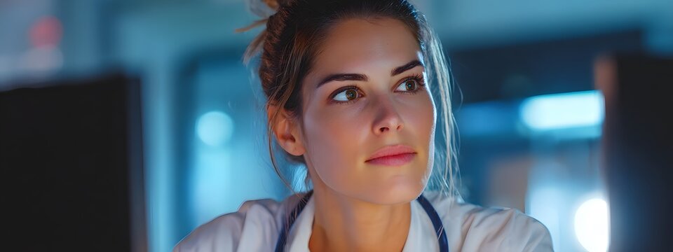 Beautiful female doctor examining patient's medical test result her computer modern high tech medical imaging lab mix of clinical lighting soft pastel color tone shallow 35mm camera angle serious