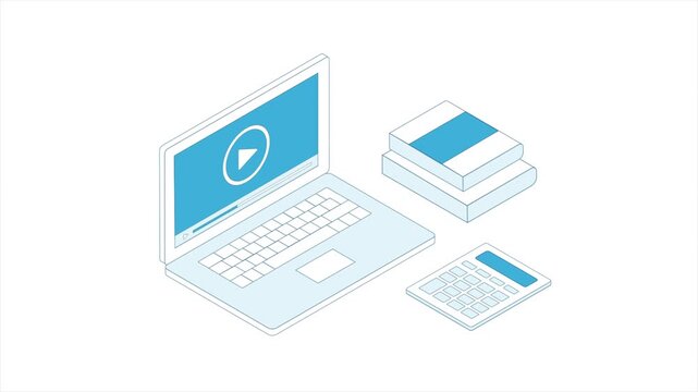 Online learning isometric outline footage. Distance education courses. E-learning concept with laptop, books and calculator