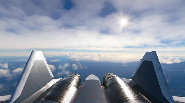 Fighter Jet Soaring Above Clouds with Sun Glimmering in the Sky.