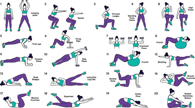 Female Full Body Fitness Workout Vector Chart Featuring Squats Planks Pushups Lunges and Crunches Exercises for Home Gym Infographic and Poster Design Elements
