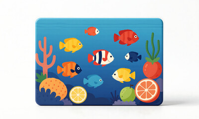 Naklejka premium school brightly colored tropical fish swim amidst assortment exotic fruits surrounded coral formations deep blue ocean