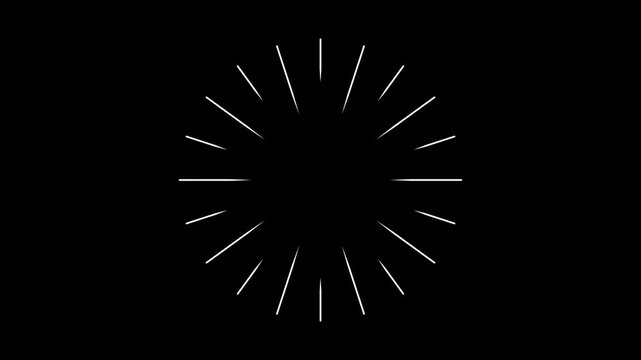 Geometric circle burst and line blast explosion animation, pop-up motion graphics with shiny circle ring highlights, transparent black screen firework effect for cinematic transitions. 4K