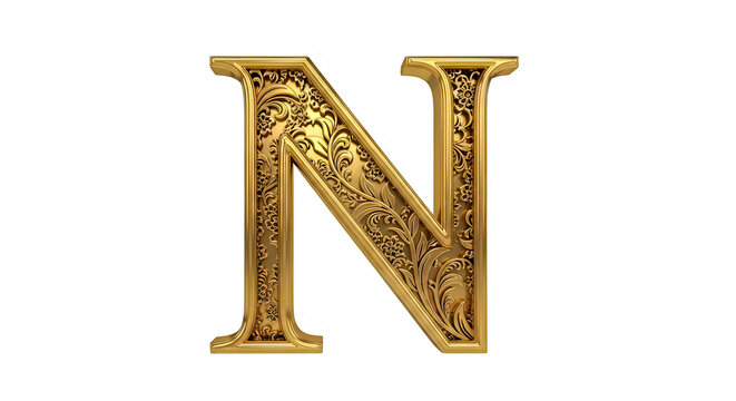 Golden ornate letter N with intricate floral patterns isolated on transparent background transparent background