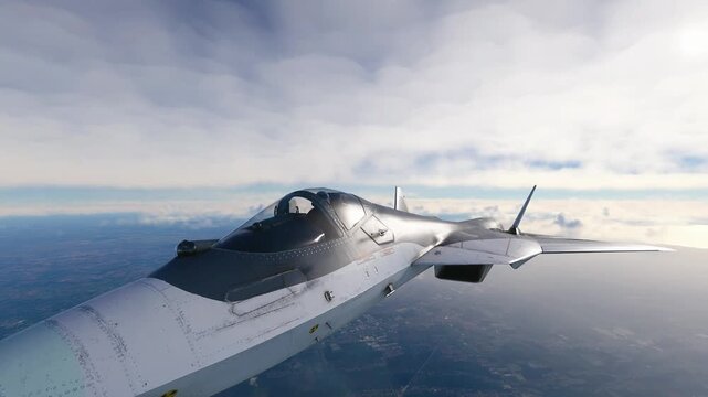 Advanced Fighter Jet Soaring Through Cloudy Skies Above the Ocean.