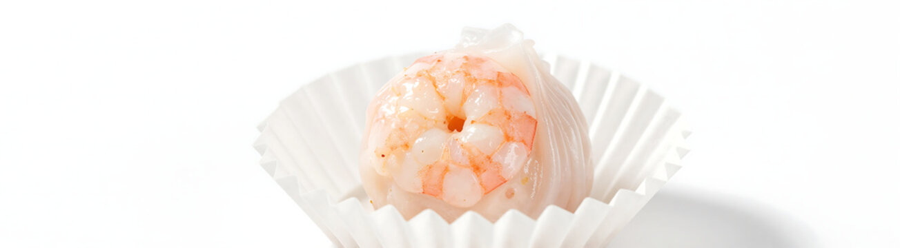 steamed crystal shrimp dumpling translucent wrapper delicate filling sits centered clean white paper liner