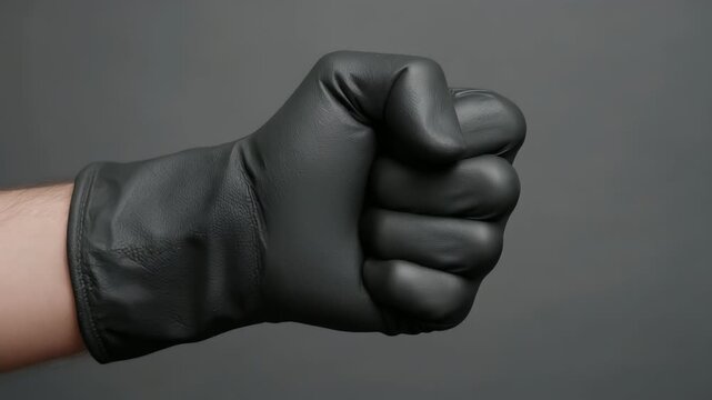 A clenched fist wearing a black glove is shown against a gray background.
