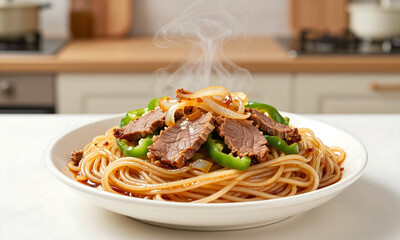 Fototapeta premium steaming hot plate yalong noodles topped sliced beef crunchy green peppers caramelized onions set warm tone kitchen