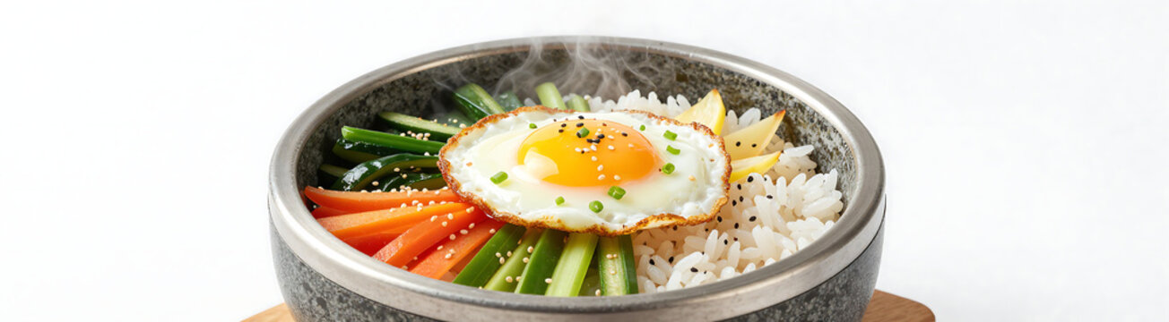 steaming hot stone bowl containing vibrant mix colorful vegetables rice runny fried egg top garnished sesame seeds