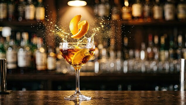 cocktail with orange peel garnish splashing in glass with ice on bar counter with blurred bottles.