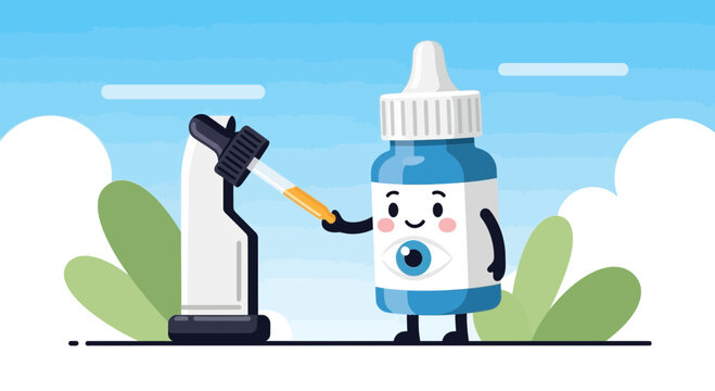 Cute Eye Drop Bottle Helping Refractometer - Ophthalmic Care Concept Illustration