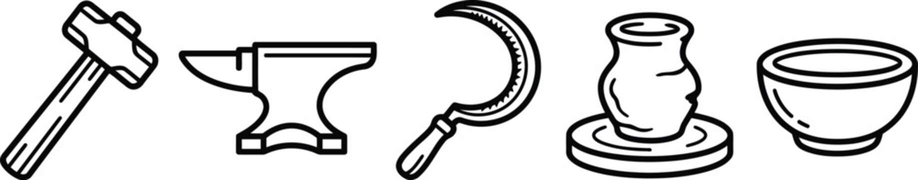 black and white line drawing of hammer anvil sickle pitcher and bowl