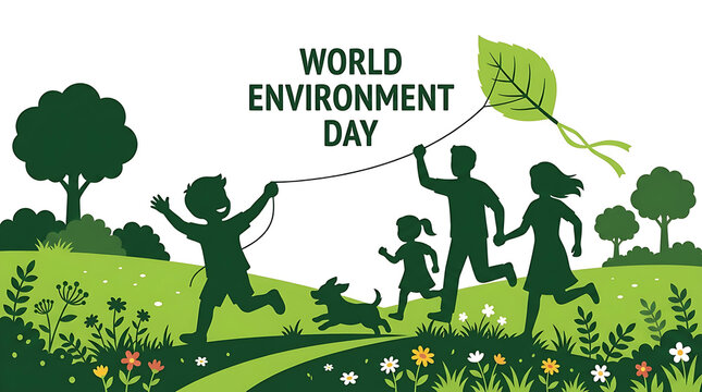 World Environment Day Concept with Green Silhouette of Family and Dog Playing with Leaf Kite in Nature