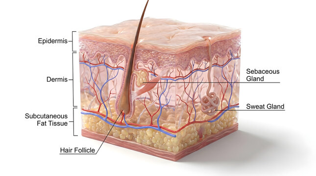 Cross-section illustration of human skin layers showing epidermis, dermis, subcutaneous fat tissue, hair follicle, sebaceous gland, and sweat gland