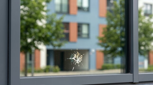 Bird poop on a glass window with a blurred building background. Splattered bird dropping on a clean window pane. Urban nuisance and cleaning concept