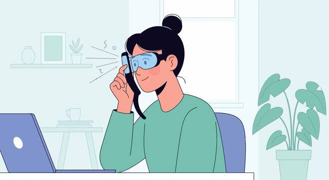 Woman Suffering from Myopia Using Smart Glasses while Talking on Phone from Home Office