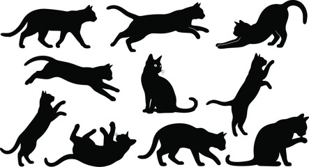 Cat silhouettes collection playful poses on a white background © Mehedi