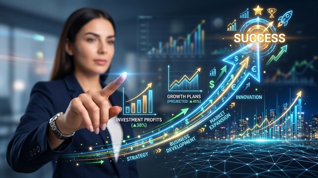 Pengusaha wanita berinteraksi dengan panah hologram digital futuristik yang menunjukkan kesuksesan finansial