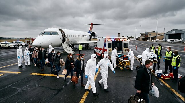 Evakuasi medis darurat dari pesawat ke ambulans oleh tim hazmat di landasan pacu bandara