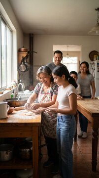 A multi-generational family gathers in a sun-drenched kitchen, joyfully preparing dough together. The matriarch guides her granddaughter, while other family members look on with warm smiles.