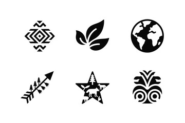 Obraz premium A set of six black and white including a geometric diamond, three leaves, a globe, an arrow with trees, a star with forest animals, and a tribal mask, all presented on a white background