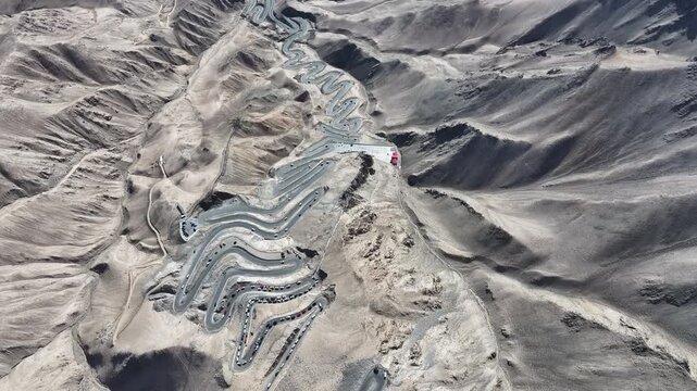 Gata Loops winding mountain road in Ladakh Himalayan desert in Gata Loops, Ladakh, India