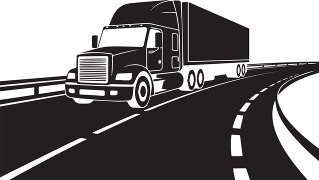 Black semi truck driving on a curved highway Vector