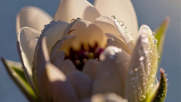 Macro shot of a white flower bud covered in morning dew. Sparkling water droplets on petals in soft sunlight. Nature and purity concept