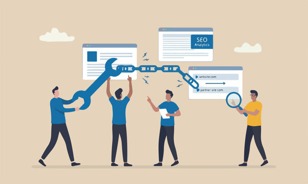 Add back link to in increase quality score in SEO, search engine optimization concept, people digital team attach chain link to websites browser for SEO optimization