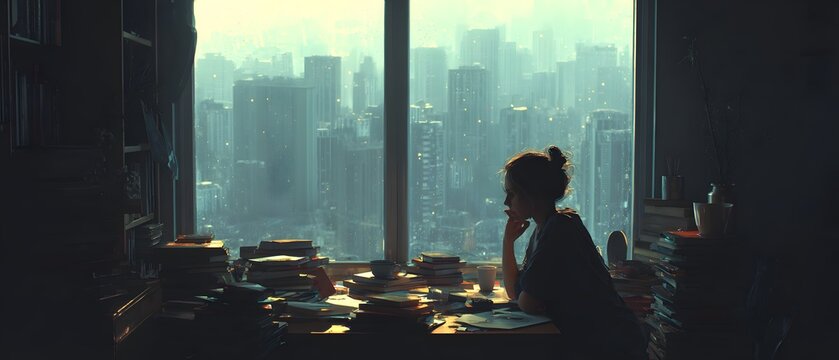 Deep thought young student sits alone cluttered school work table scattered book coffee cup surrounded urban concrete cityscape view through unopened window cold artificial lighting low 35mm camera