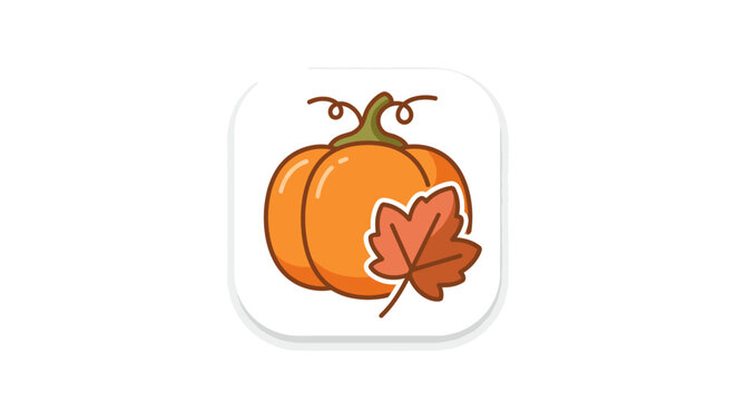 Charming autumn pumpkin icon with a delightful fall leaf illustration, perfect for seasonal app designs, harvest themes, or festive holiday graphics and digital media