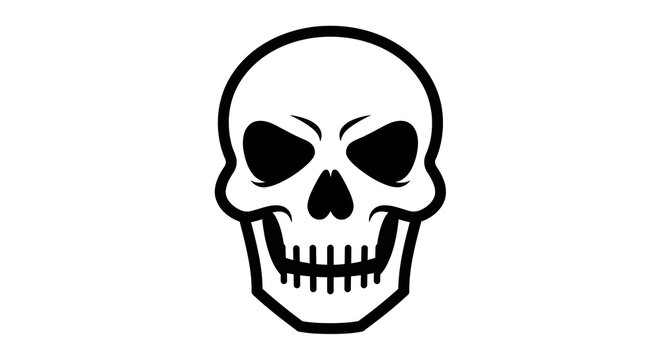 A stark black and white illustration of a human skull facing forward, with hollow eye sockets and grinning teeth, symbolizing danger or death