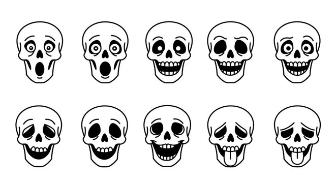 Set of cartoon skulls with diverse facial expressions, conveying different emotions and moods