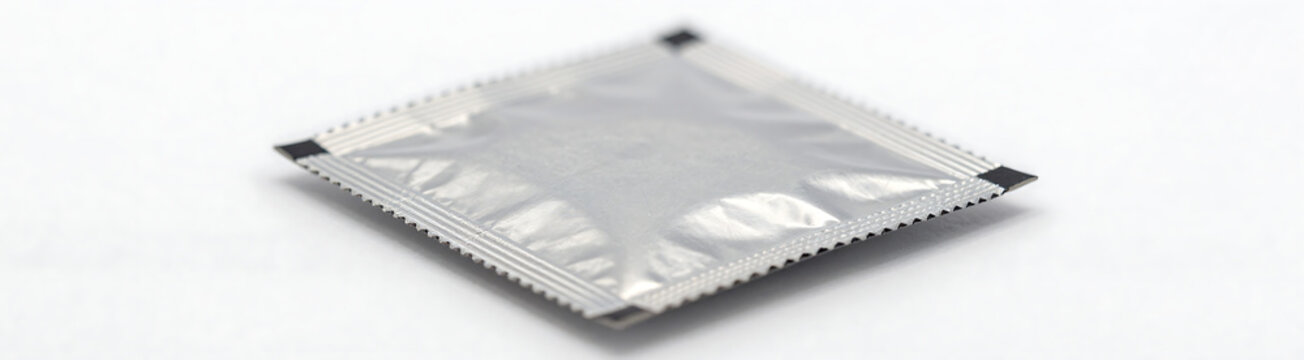 generate photorealistic image small shot metallic foil packet transparent edges reflective